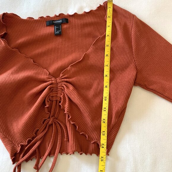 Forever 21 Ribbed Ruched Crop Top. Women Long Sleeves V-Neck Burnt Orange Size S - Picture 5 of 11